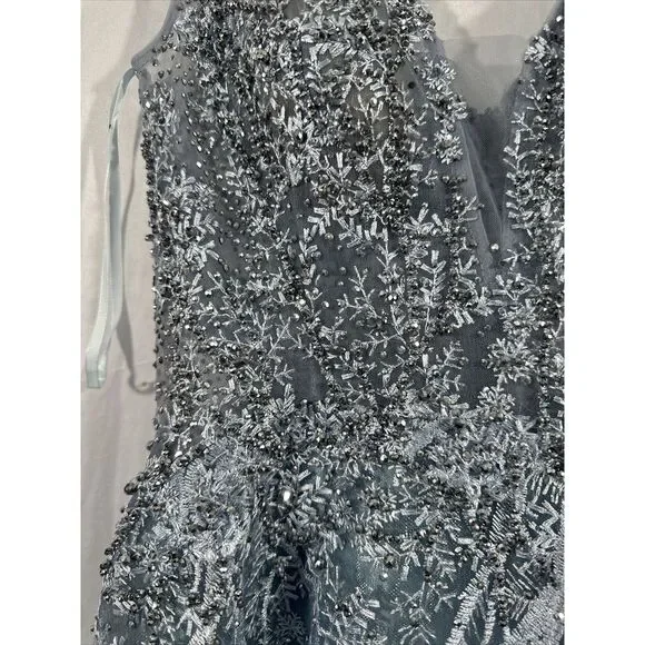 NWT$798 Mac Duggal [ 6 ] Illusion Embellished V Neck A Line Gown Fusion Blue J56
